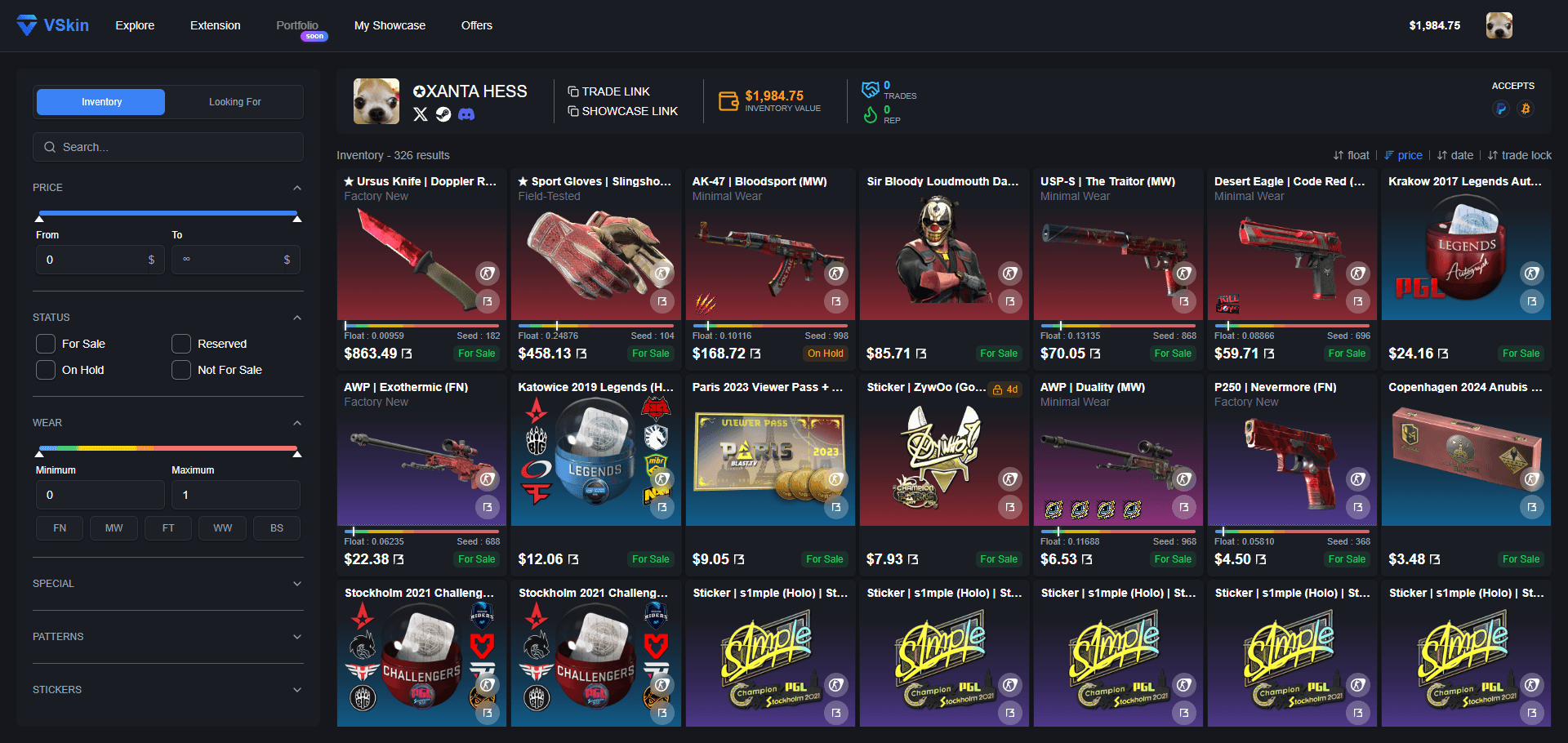 A VSkin showcase page listing CS2 skins with their float, pattern seed and stickers