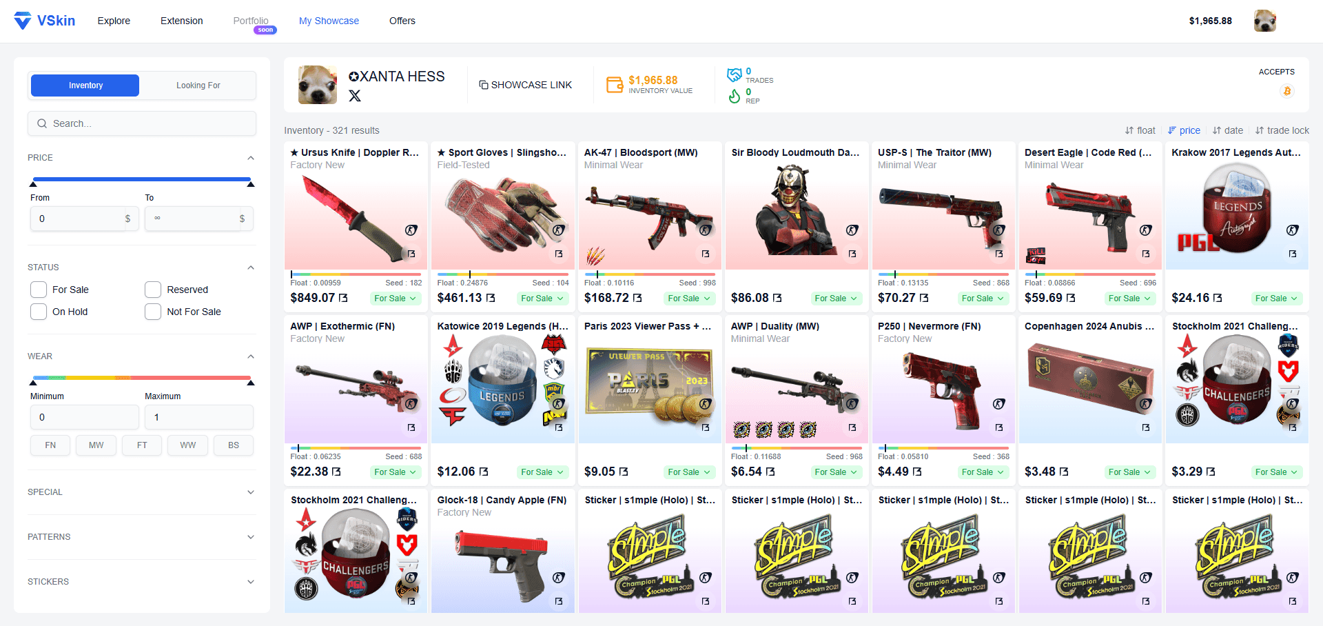 A VSkin showcase page listing CS2 skins with their float, pattern seed and stickers